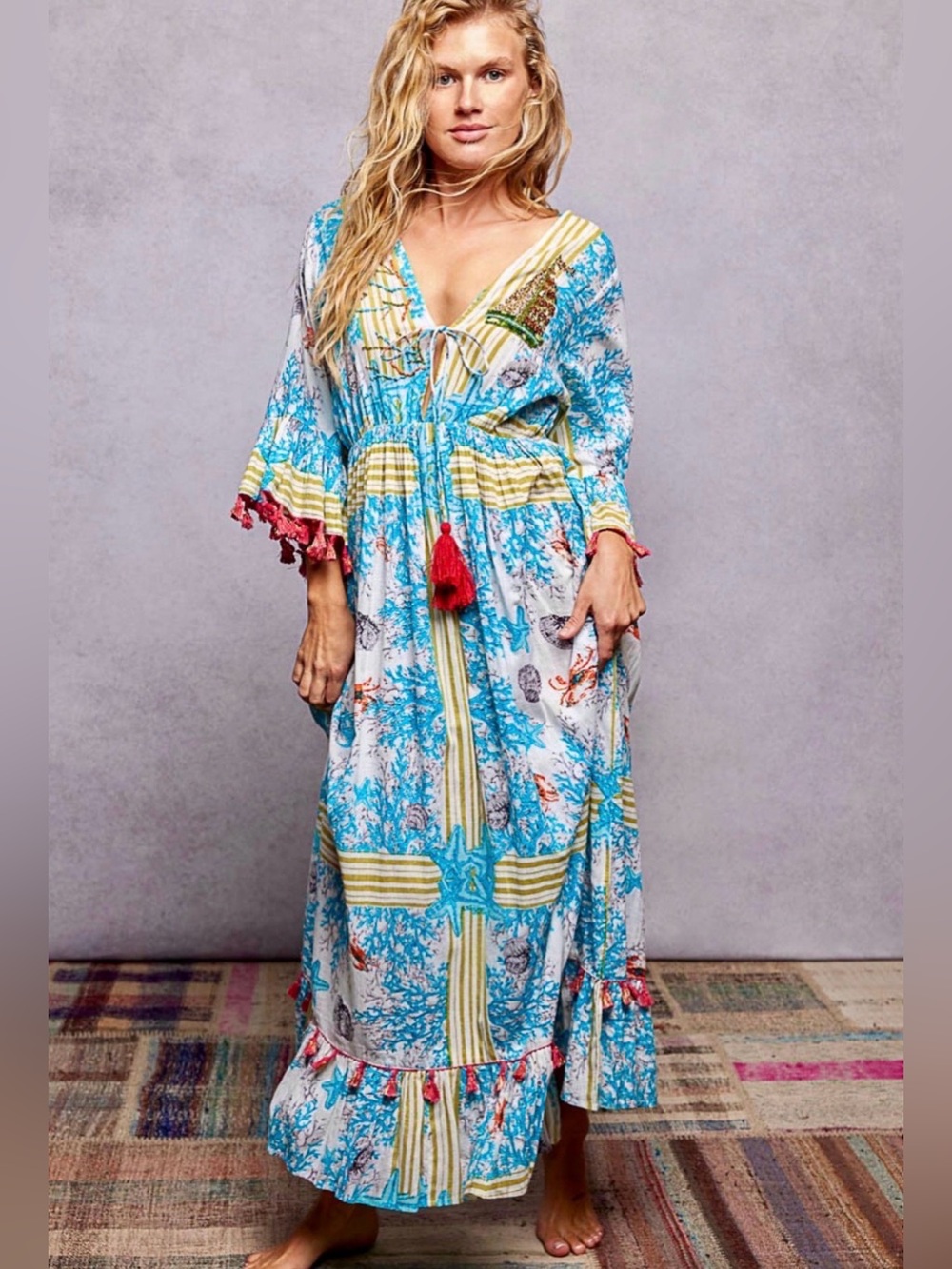 POL Boho Blue & White Floral Maxi Dress with Tassel Tie